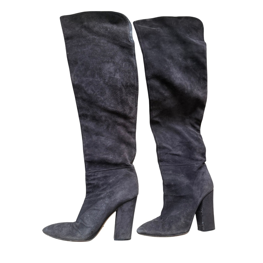 Sergio‎ Rossi Suede Over The Knee Boots Block Heel Dark Gray Size 39.5